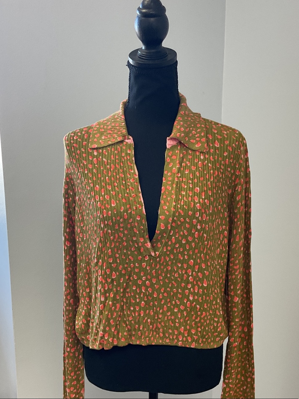 Free People Olive Green & Coral Printed Lightweight Shirt Jacket